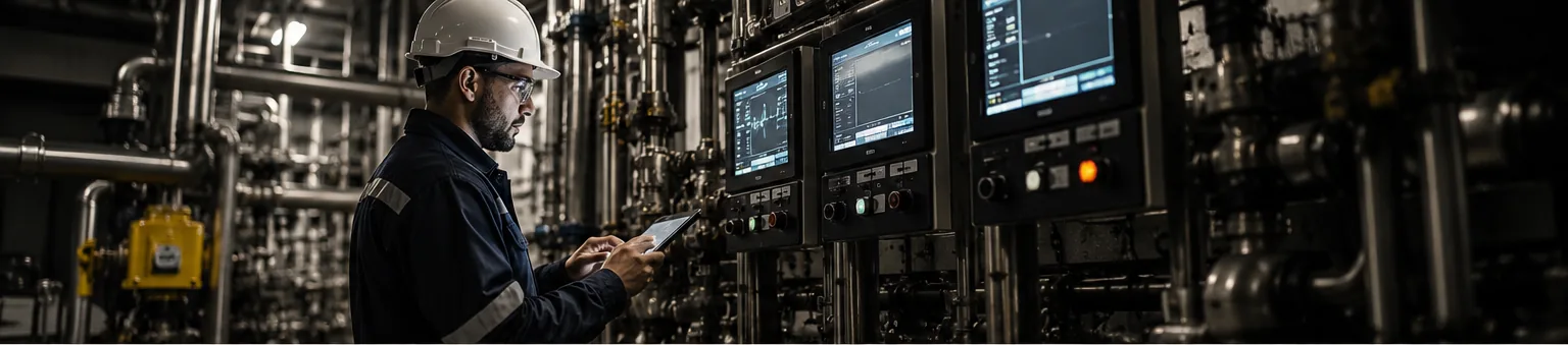 Engineer reviewing instrumentation data on a tablet in front of an industrial control panel of gauges and monitors